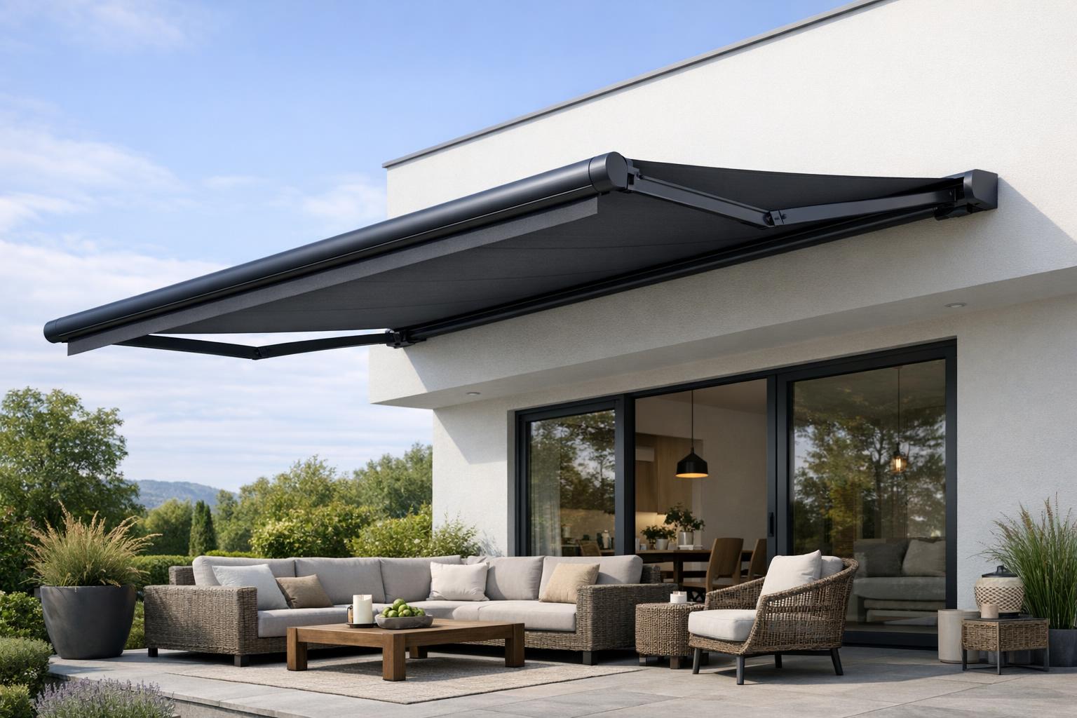 Markiza metalowa nad tarasem, elegancka antracytowa konstrukcja