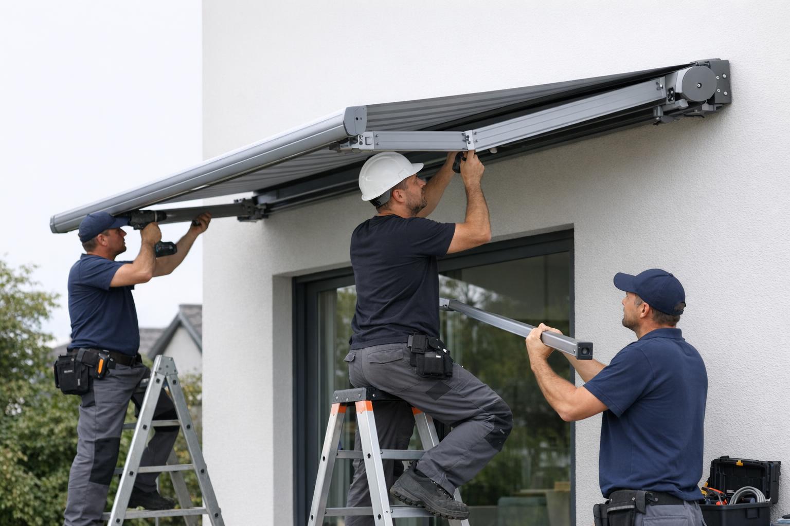 Montaż metalowej markizy przez ekipę serwisową, widok z boku